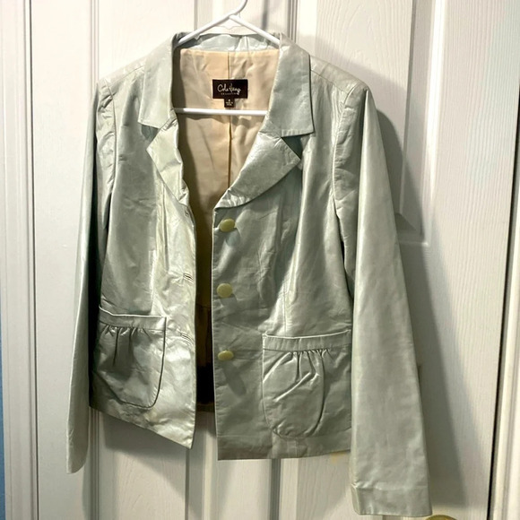 Cole Haan Collection Women's Leather Jacket  Metallic Mint Green  Size 4 - Picture 2 of 14